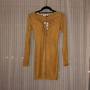 Mustard Yellow, Lace-Up, Suede Dress